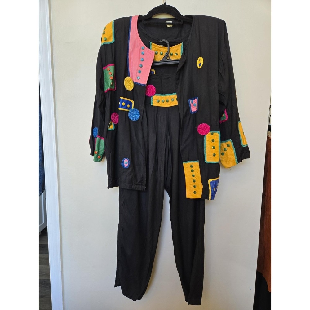 Vintage 80s 90s Womens Art to Wear Leather Patchwork 3pc Outfit Set Black M